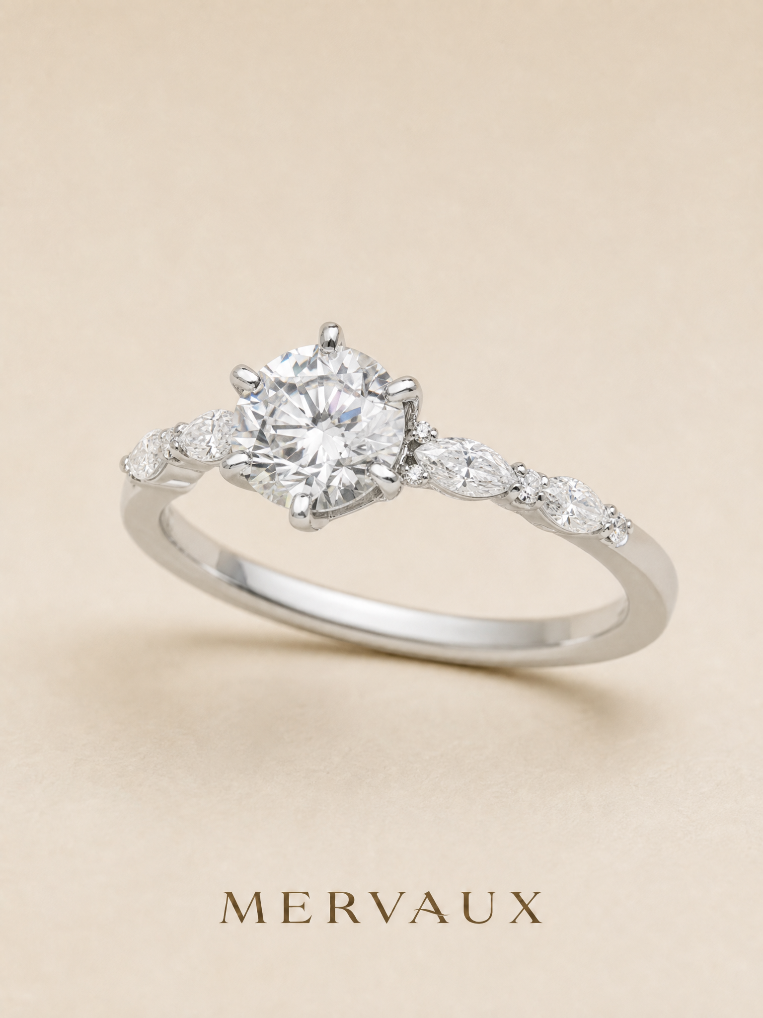 A platinum ring at forty-five degrees, where the metal meets the edge of the stone.