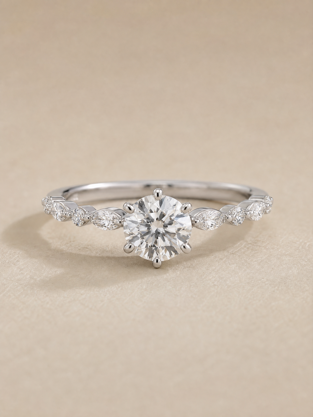A 1.47 carat round brilliant lab grown diamond set in platinum, the same material as a mined stone and grown instead of dug.