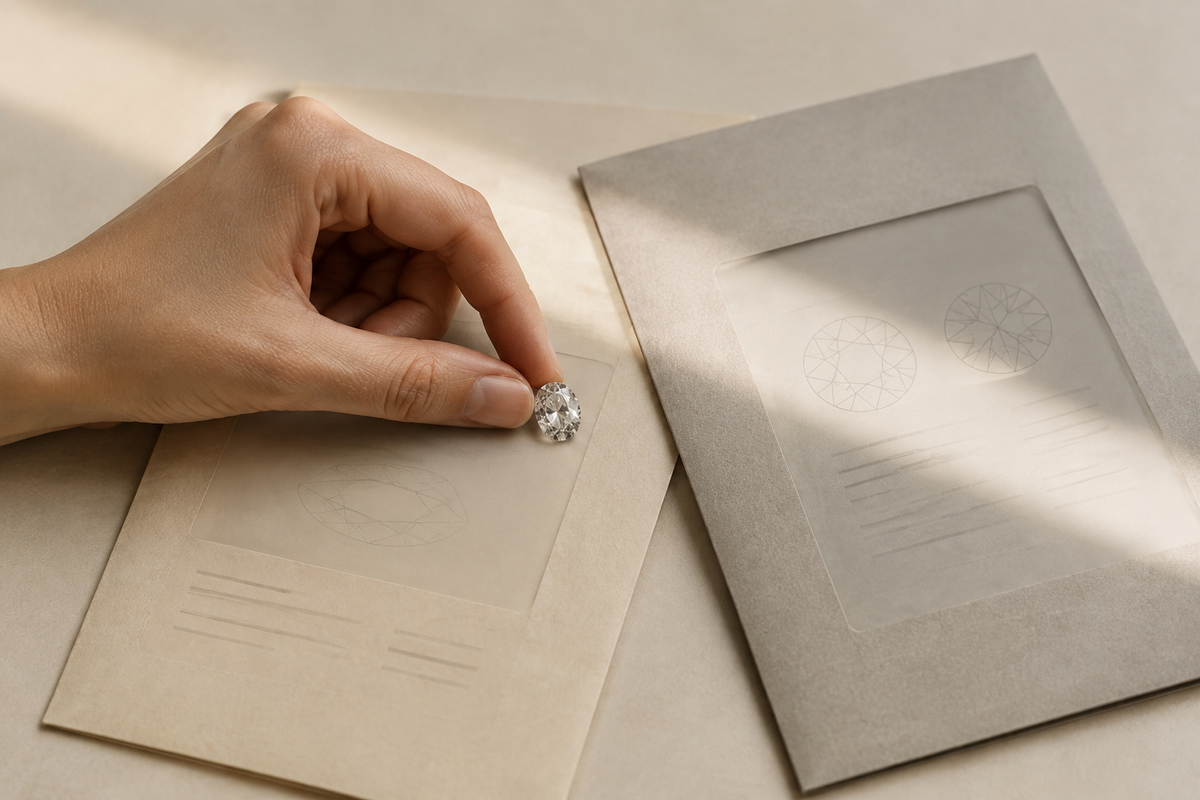 An oval loose diamond held above a pale paper surface in an editorial image
