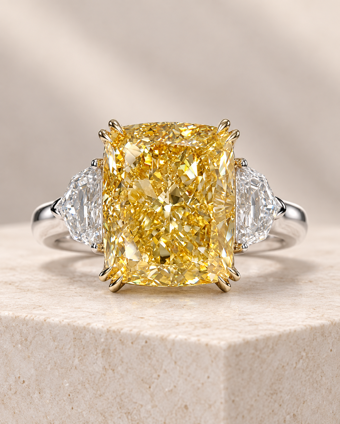 18K Yellow Gold Fancy Vivid Yellow Radiant Cut Lab Grown Diamond Ring - 11.24 ct Total