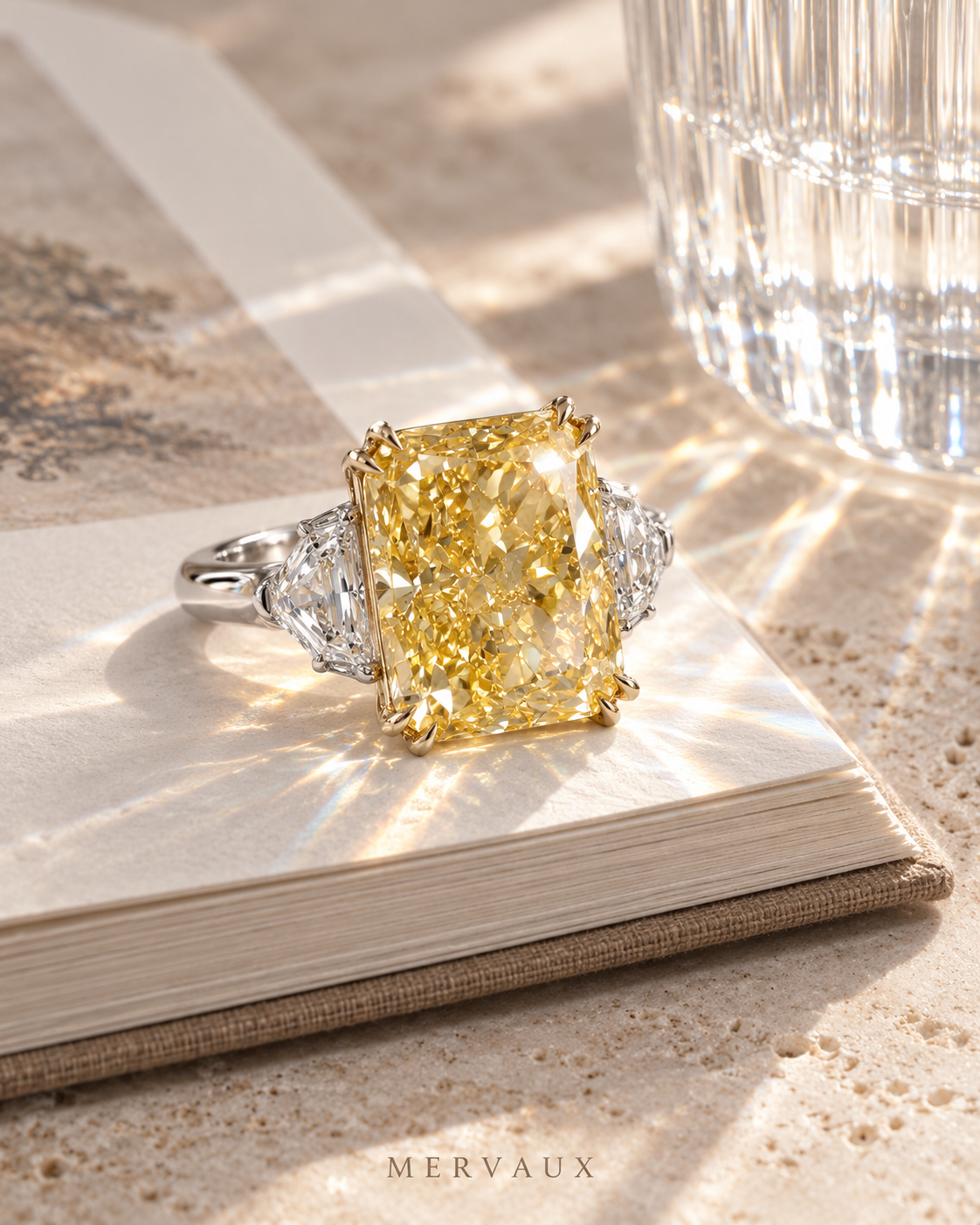 18K Yellow Gold Fancy Vivid Yellow Radiant Cut Lab Grown Diamond Ring - 11.24 ct Total