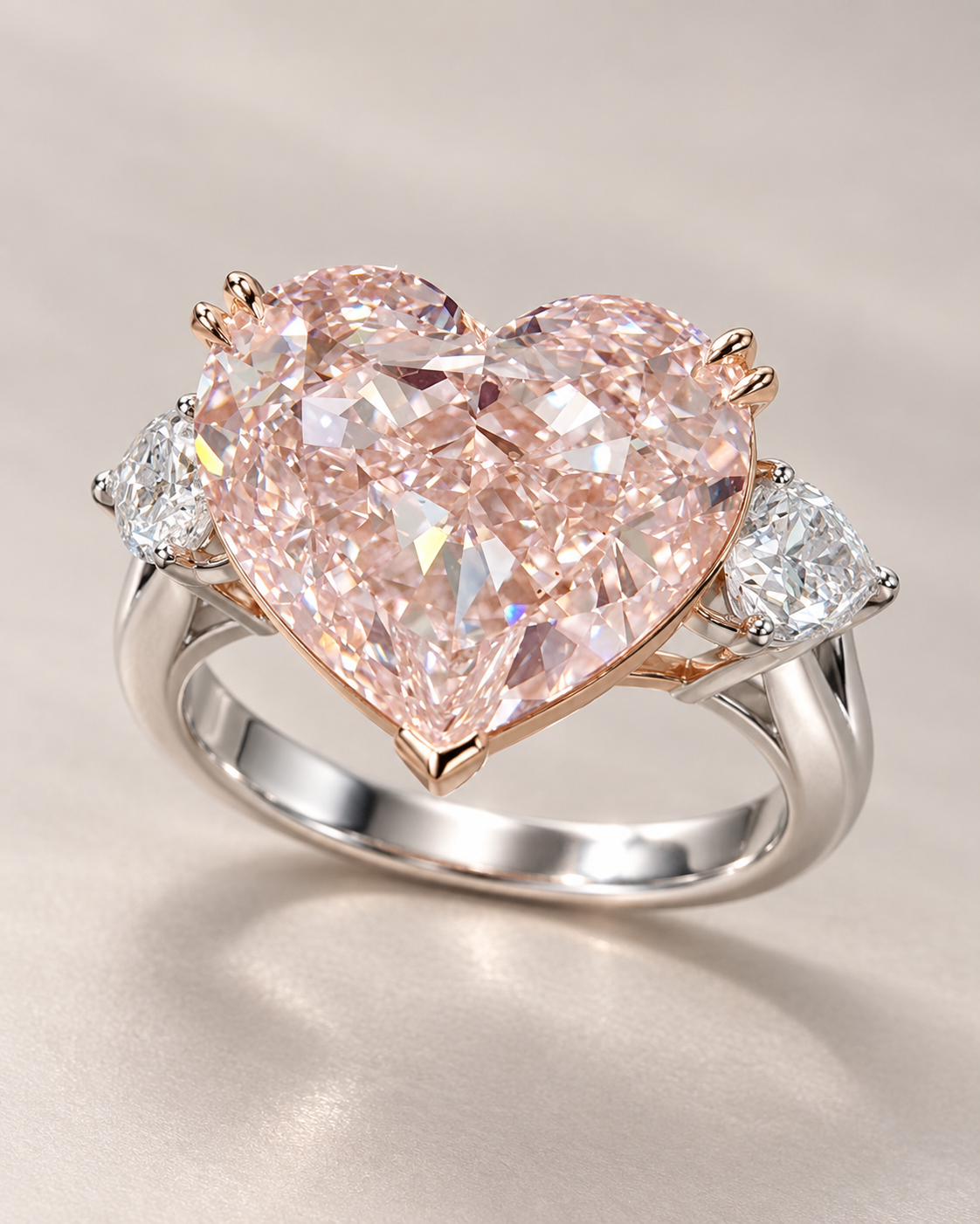 18K Two-Tone Gold Fancy Intense Pink Heart Lab Grown Diamond Ring - 11.41 ct Total