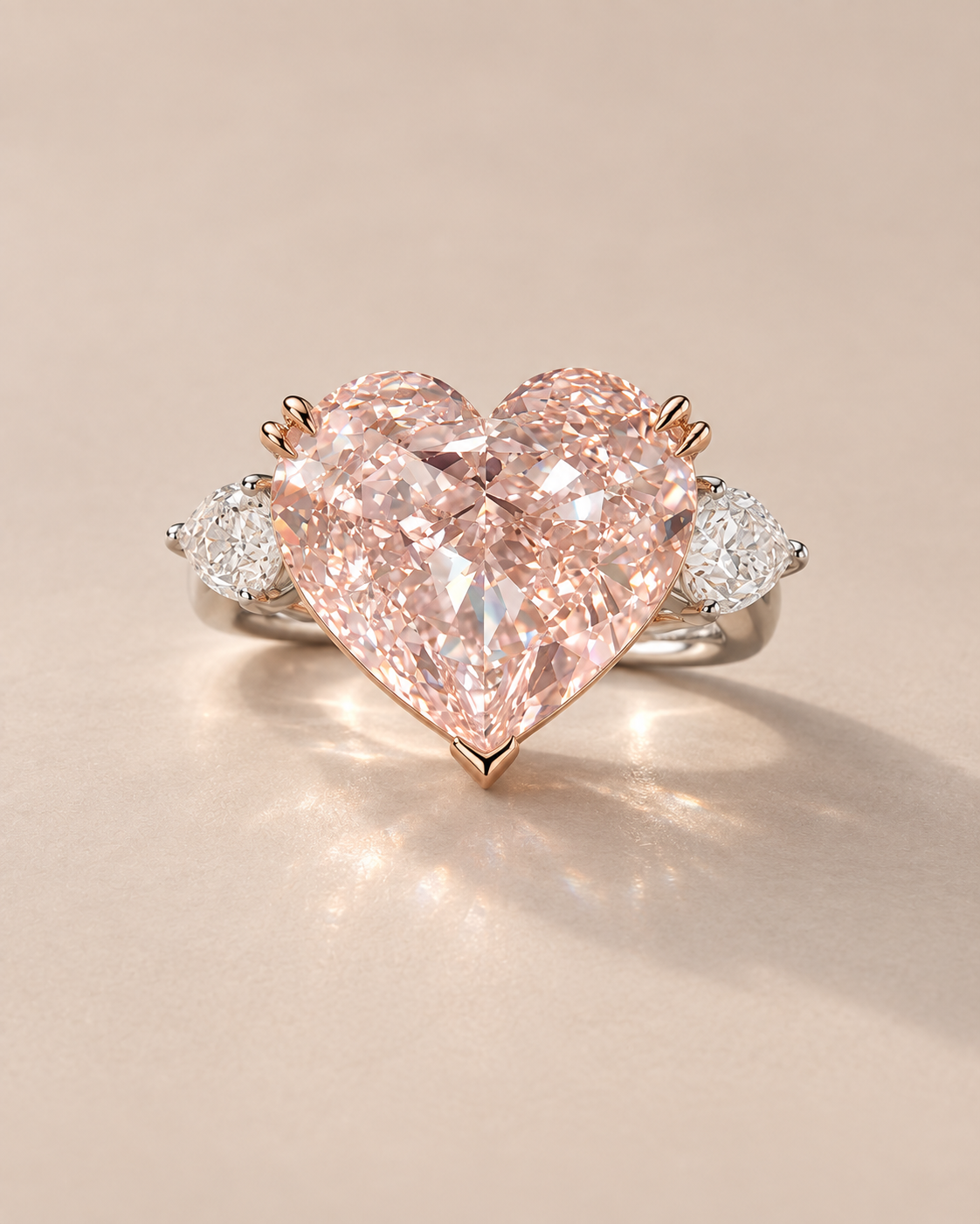 18K Two-Tone Gold Fancy Intense Pink Heart Lab Grown Diamond Ring - 11.41 ct Total