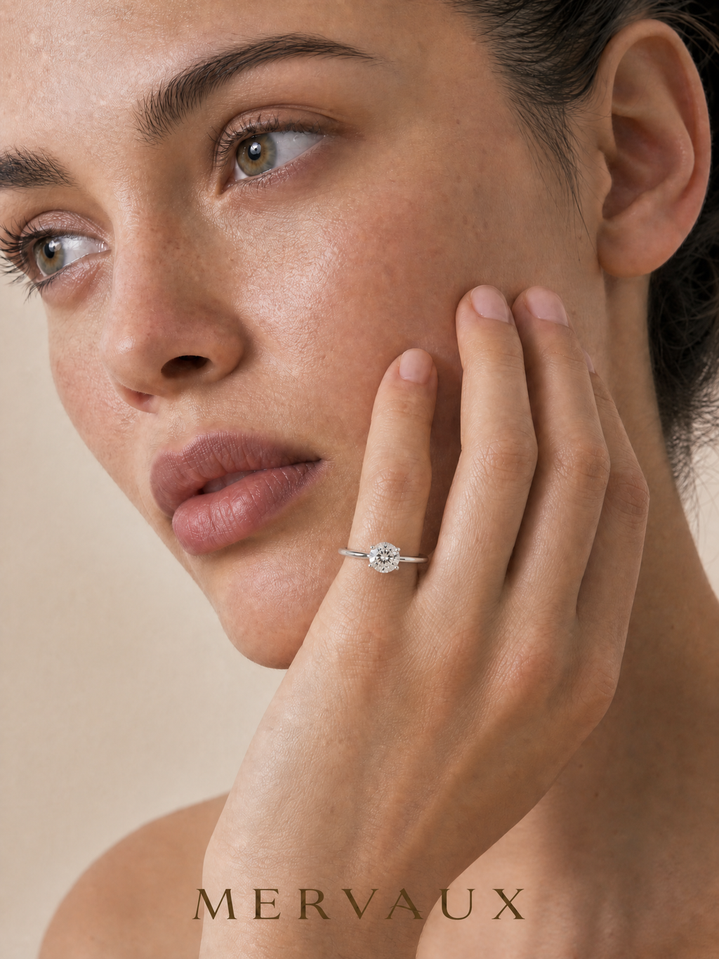 MERVAUX platinum solitaire worn, portrait close-up