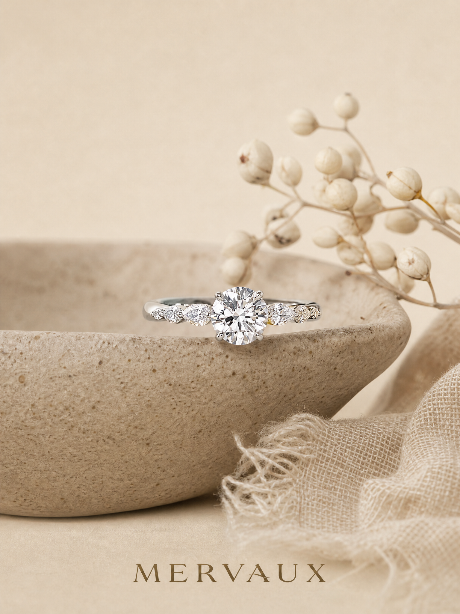 MERVAUX platinum ring, still life on stone and linen