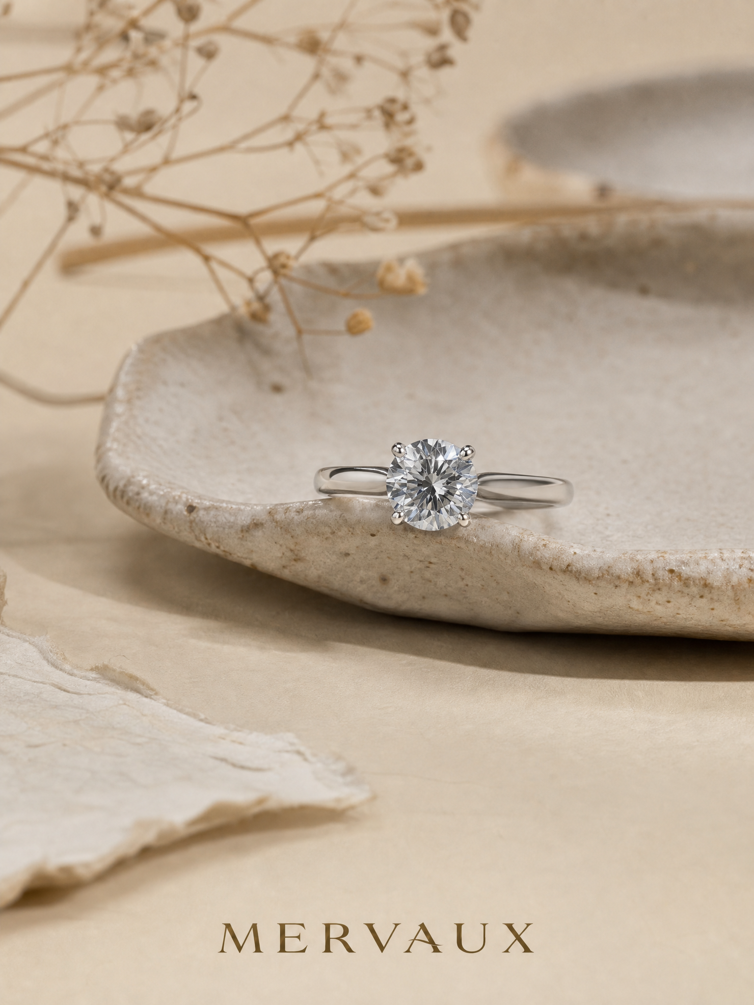 MERVAUX platinum solitaire, still life on ceramic