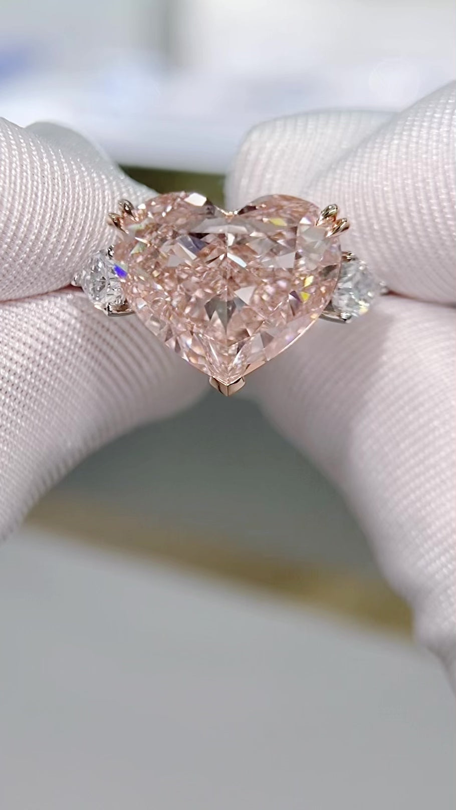 10.57 ct fancy intense pink heart cut lab grown diamond ring in solid 18K rose and yellow gold